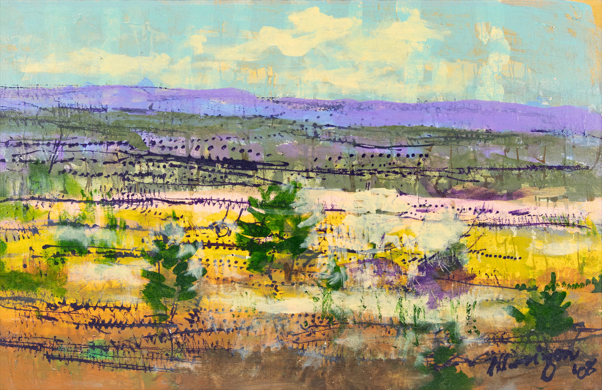 Colorful landscape with many horizontal lines of color including blue, purple, yellow and orange. A few green shrubs throughout.